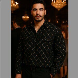 Drill Golden Bee Black Button Down Shirt Long Sleeve Black Denim Jeans Fabric M